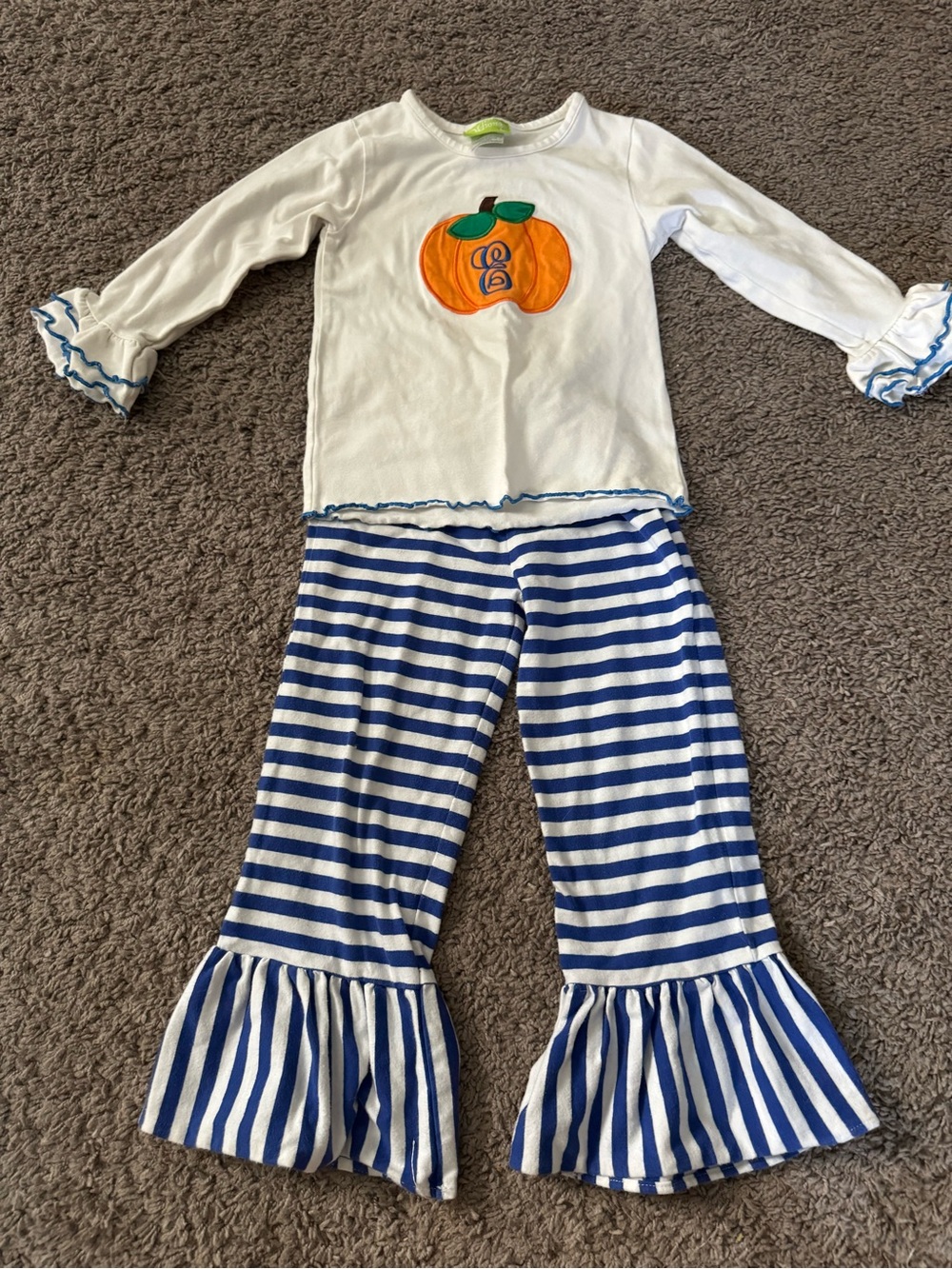 Girls “E” White Pumpkin Applique Top and Blue Stripe Ruffle Pants Set